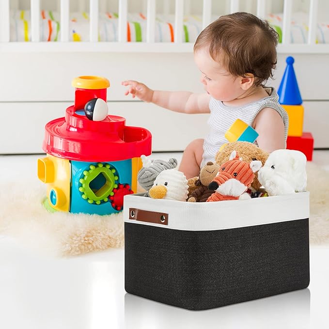 DULLEMELO Canvas Storage Bin with Handles, Fabric Bins for Shelves, Bedroom, Office,Nursery,Fabric Storage Baskets for Toys, Clothes,Gift(3-Pack Medium-15 inch X 11 inch X 9.5 inch , White&Black)