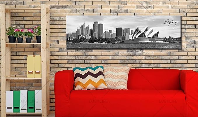 DJSYLIFE Sydney Skyline Wall Art Decor Canvas Print Black and White City Building Landscape Poster Australia Cityscape Modern Artwork Painting for Bedroom Office Home Decoration - 13.8" x 47.3"