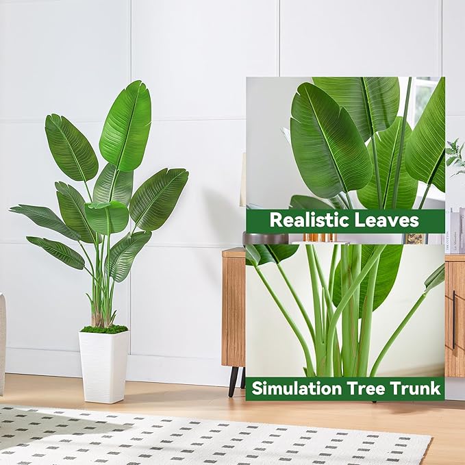 Fake Bird of Paradise Silk Artificial Plant Faux Banana Leaf Tree for Home Decor Indoor Floor Plant with 10 Trunks (1, Black Planter, 6 FT)
