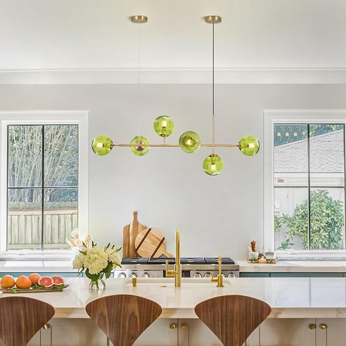 KCO Lighting 6 Green Glass Pendant Lights Kitchen Island Mid Century Modern Globe Sputnik Chandelier Brushed Gold Linear Island Light Fixture for Dining Room