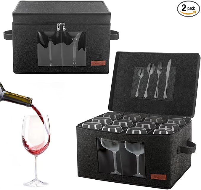 2 Pack Wine Glass Storage Box with Dividers, Stemware Storage Containers for Packing and Moving, China Storage Containers Box for 12 Crystal Glassware, Wine Glasses, Drinkware,Dark Gray
