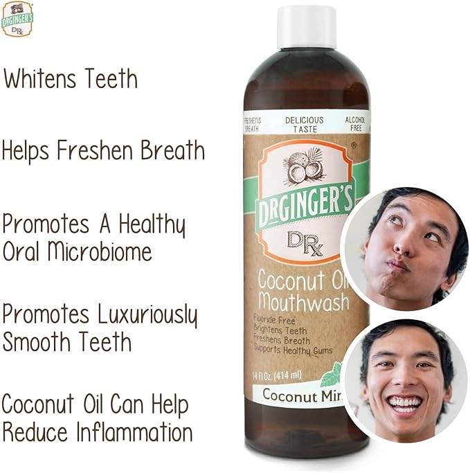 Dr. Ginger’s Coconut Oil Pulling Alcohol Free Mouthwash - Mint Flavor, 14 fl oz Support Gum Health, Tongue, and Teeth Whitening for Adults, Fluoride Free, All-Natural Oil and Xylitol for Bad Breath