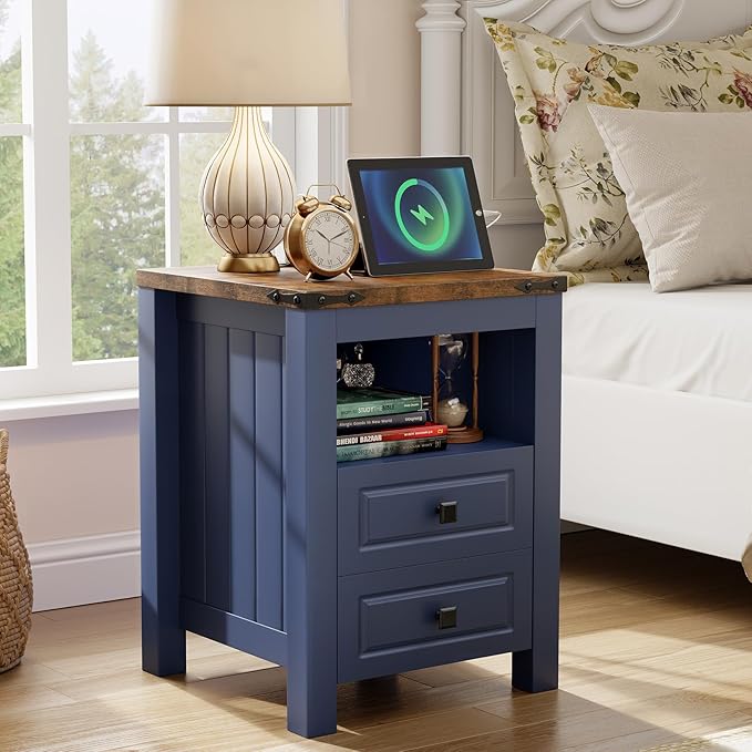Apicizon Farmhouse End Table with Charging Station and Storage