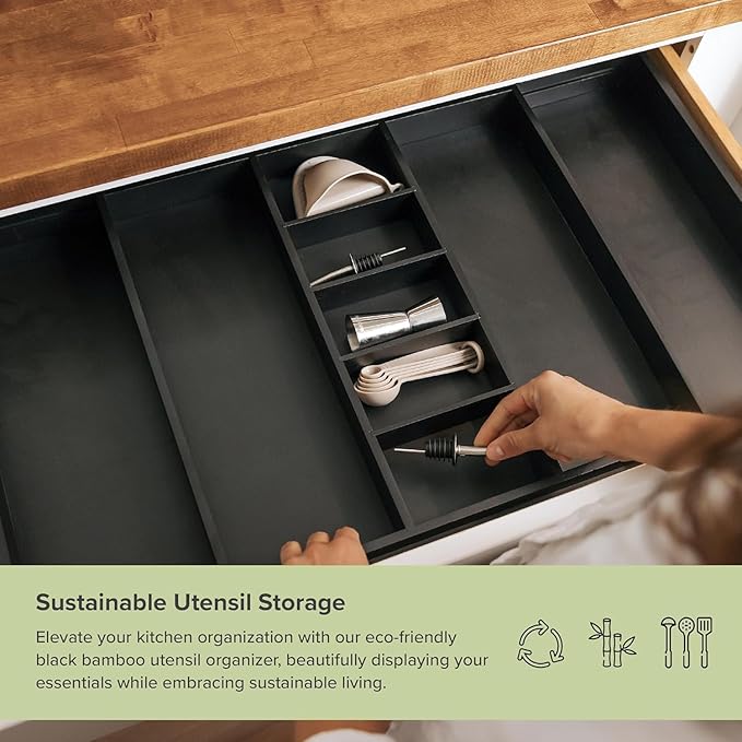 Adjustable Kitchen Drawer Organizer for Utensils and Junk, Food-Safe Contract Grade with 100% Sustainable Wood, Expandable from 19 to 33 Inches Wide - Black Bamboo