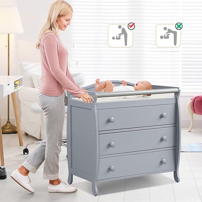 Costzon 3-Drawer Changing Table, Infant Diaper Changing Station with Drawers, Safety Rails & Strap, Baby Changing Table Dresser for Nursery, Easy Assembly (Gray)