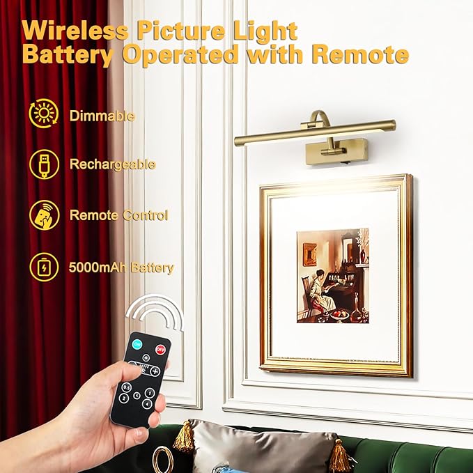 Battery Operated Picture Light with Remote and Timer, Wireless Art Lights for Paintings Brass Rechargeable Gallery Light Dimmable Artwork Lighting for Canvas, Portrait 16'' Inch Warm White