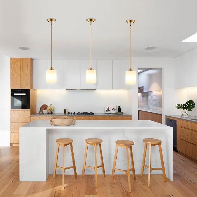 Modern Gold Pendant Light 3 Pack Brushed Brass Mid Century Chandelier White Cylinder Glass Shades Adjustable Rods Farmhouse Ceiling Hanging Lighting Fixture Kitchen Island Dining Room Bedroom