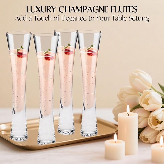 Champagne Flutes Set of 2, Hand Blown Crystal Champagne Glasses, Modern Unique Design, Lead-Free Prosecco Flutes, Elegant Toasting Glasses Gift for Wedding, Anniversary, Birthday, Christmas