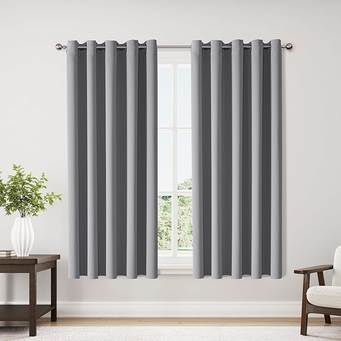 ChrisDowa Blackout Curtains 70 inches Wide for Bedroom - 2 Panels Set Extra Wide Grommet Thermal Insulated Room Darkening Curtains for Living Room (Light Grey, 70 x 63 Inch)