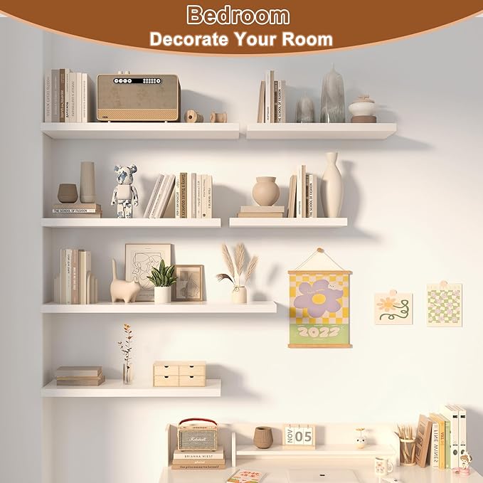 12 Inch Deep Floating Shelves for Wall 2 Pack White Floating Shelves Large Storage Space Wall Mount Shelf for Living Room Kitchen Bathroom 24" W x 12" D x 1.2" White