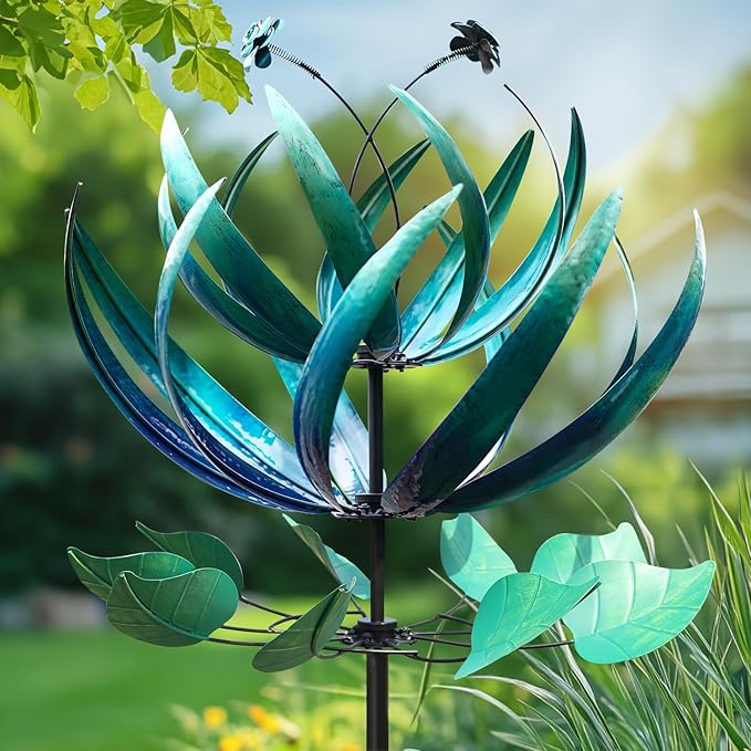 LimeHill Wind Spinner for Yard and Garden - Large Metal Windspinners for Outdoor Decorations (Blue Lotus (24 X 84 Inches))