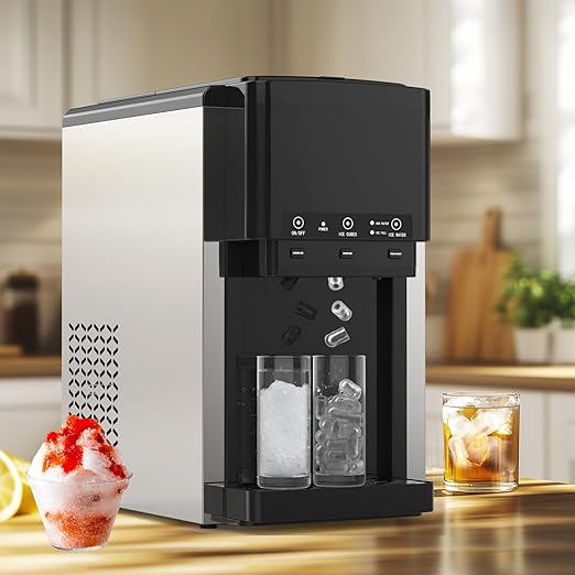 3 in 1 Water Dispenser with Ice Maker, Nugget Ice Maker Countertop, Bullet Ice, Crushed Ice, Water Cooler, 44Lbs/24H, 12 Ice Cube/6Min, Self-Cleaning, 4Lbs Ice Storage, Home, Kitchen, Party, RV