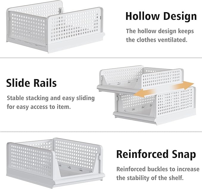 Stackable Plastic Storage Basket Closet Organizer Bin Foldable Clothes Organizer Storage Drawer Shelf Container for Living Room Bathroom Kitchen Office Laundry Room