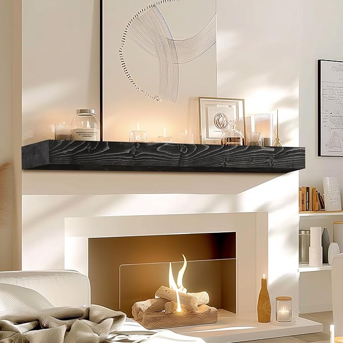 48x7x3 Fireplace Mantel - Solid Rustic Wood - Wall Mounted Floating Shelf with Invisible Heavy Duty Steel Bracket (Weathered Black)