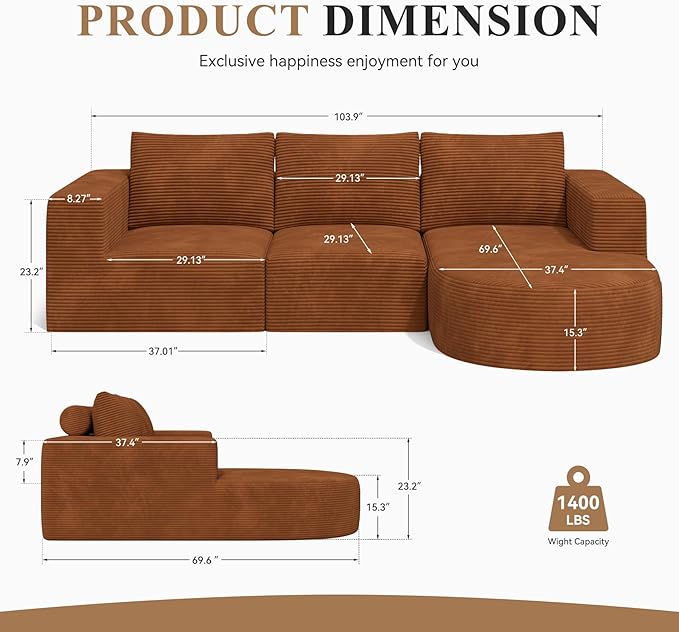 Modular Sectional Sofa with L-Shape Chaise,Cloud Sectional Modern Sleeper Couch with Deep Seat,Sponge Compression Sofas No Assembly Required(Brown-Corduroy Fabric) 1PCS