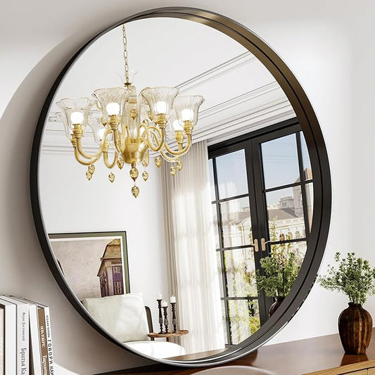 36 Inch Round Bathroom Mirror - Wall Mounted Circle Mirror with Metal Frame, Modern Mirror Suitable for Bathroom, Vanity, Entryway, Living Room, Wall Decor,Black