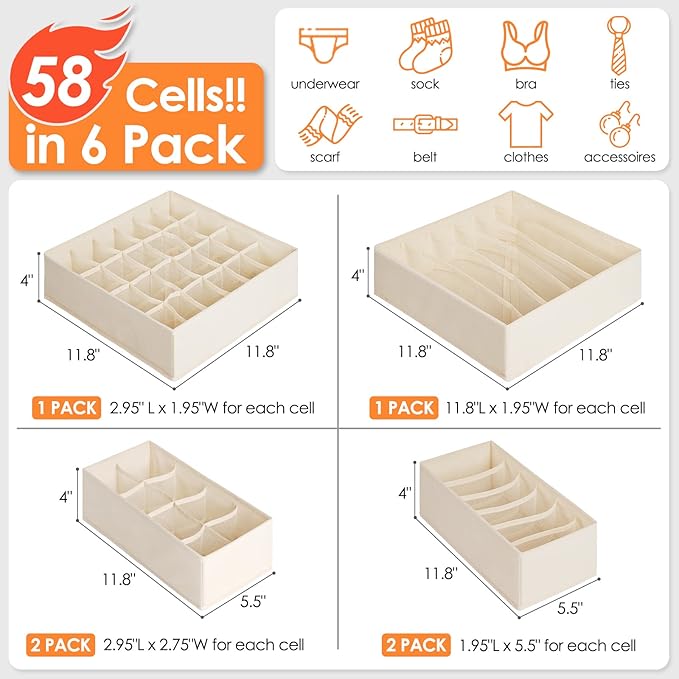 6 Pack Sock Underwear Drawer Organizer Dividers, 58 Cell Foldable Fabric Dresser Closet Organizers and Storage Bins for Clothing, Baby Clothes, Bra, Panty, Scarf, Ties (Beige)