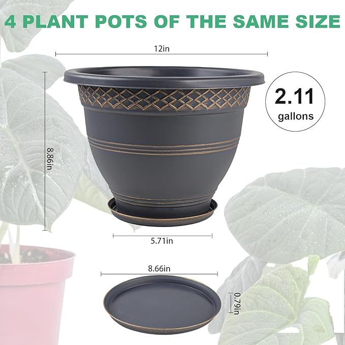 4 Pack 12 Inch Large Plant Pots, Plastic Flower Pot for Indoor & Outdoor with Drainage Holes & Saucer, Plaid Pattern Planters Garden Pots for Herbs