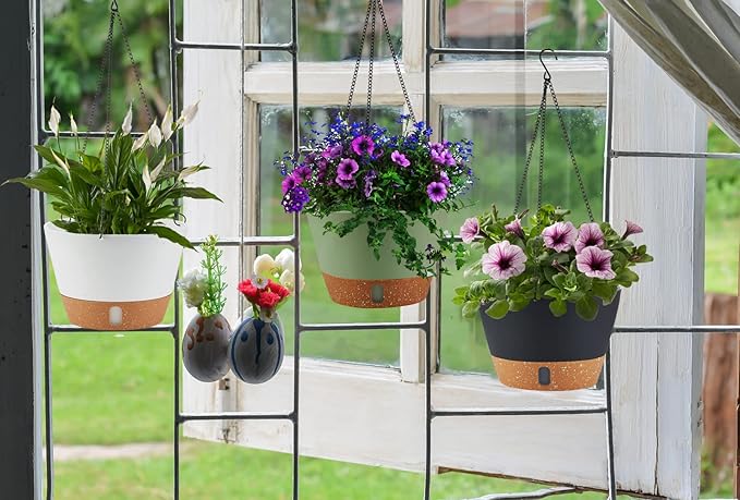 2 Pack 10 Inch Hanging Planters for Indoor Outdoor Plants, Hanging Plant Flower Pot Basket with Drainage Hole with Removable Tray&Hooks Self Watering Plant Pot for Hanging Plants, White