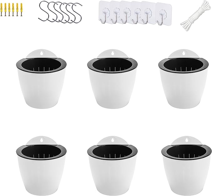 6 Pack White Hanging Planter Pots Self Watering Vertical Garden Wall Mount Window Hang Round Plastic Container Indoor Outdoor for Plants Flowers Succulent Kitchen Living Herbs Holder Decor(Large)