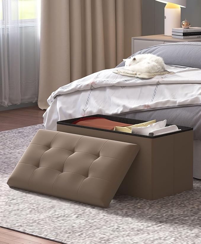 Storage Ottoman Bench, Folding Ottoman Foot Rest, 15 x 30 x 15 Inches, End of Bed Bench,Storage Chest, for Living Room, Bedroom, Hallway, Entryway, Brown