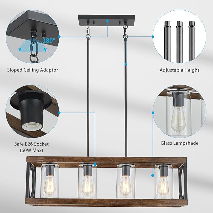 XINGQI Rectangle Chandeliers 31.5" Farmhouse Kitchen Island Lighting Fixture Over Table Modern Vintage Linear Hanging 4-Light for Dining Room Living Room Black Wood Grain Finish with Glass Lampshade