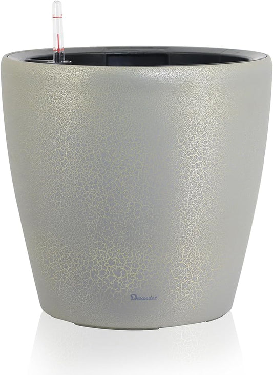 Dexceder 18x17 Self Watering Planter with Wheels Indoor Outdoor, Inner Pot Design, Thickened Large Floor Standing Flower Plant Pot with Water Level Indicator (Grey Gold Crackle)