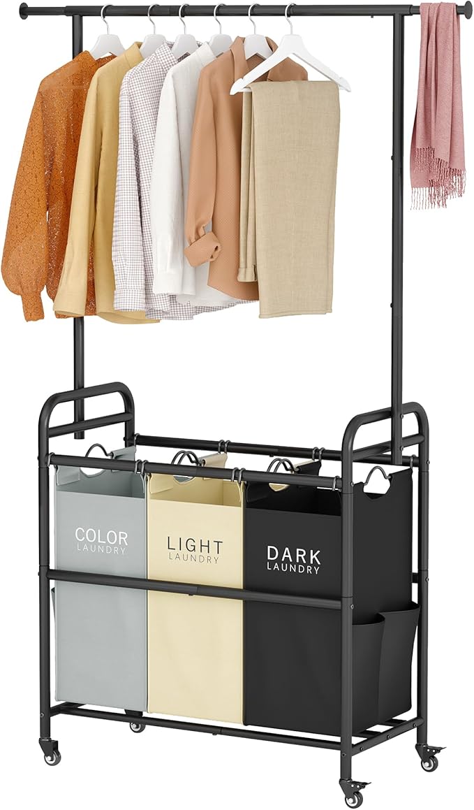 Tajsoon Laundry Sorter Cart with Hanging Clothes Rack, 3 Butler Sorter Basket Organizer, Laundry Hamper Cart with Heavy Duty Rolling Lockable Wheels, 3 Colors