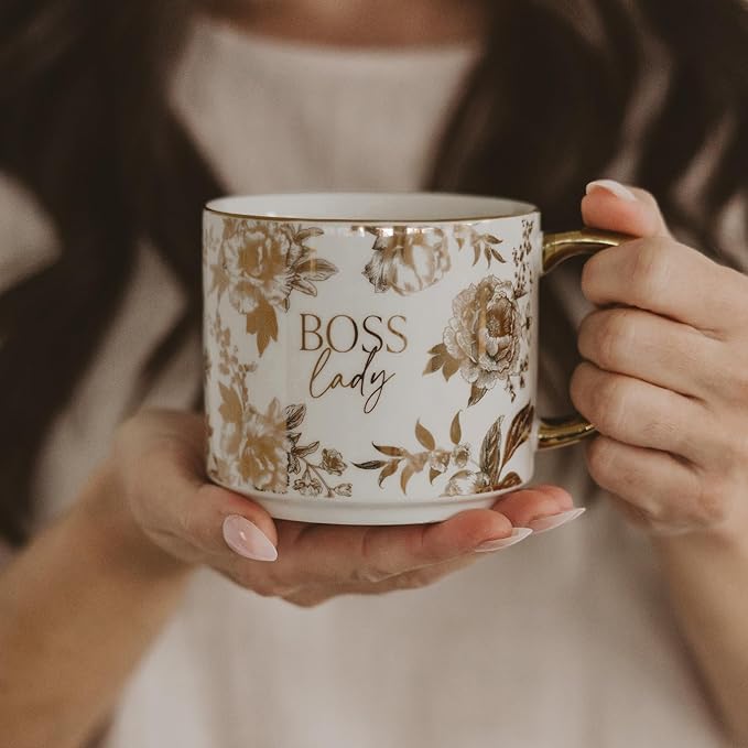 Sweet Water Decor Boss Lady Mug, 17 oz Cute Coffee Mug with Gold Handle for Women Bosses, Large Cup for Tea, Espresso & Hot Cocoa, Birthday Gift Idea for Coworkers, Friend, Mom, & Wife