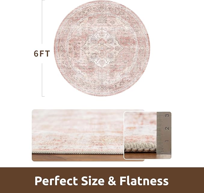 AMOAMI 6FT Round Vintage Soft Pink Rug - Non Slip Circle Machine Washable Rug for Living Room, Bedroom, Office Under Table
