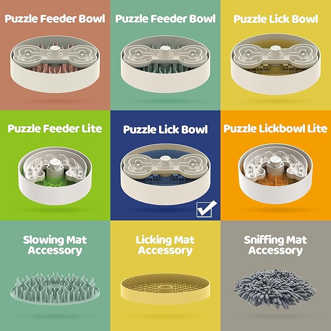 Slow Feeder Dog Bowl with Lick Mat and Puzzle Inserts - Non-Slip Base, Adjustable Speed Design, Dishwasher Safe for Large Dogs,Blue