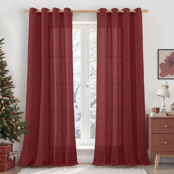 LAMIT 95 inch Linen Curtains for Living Room, Burgundy Red Bronze Grommet Christmas Panels Light Filtering Semi Sheer Drapes for Bedroom/Dining Hall, 2 Panels Set, 52 x 95 Inch