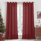 LAMIT 90 inch Red Linen Curtains for Living Room 2 Panels, Light Filtering Christmas Drapes Semi Sheer Bronze Grommet Curtain Panels for Bedroom/Farmhouse, Burgundy Red, 52 x 90 Inch