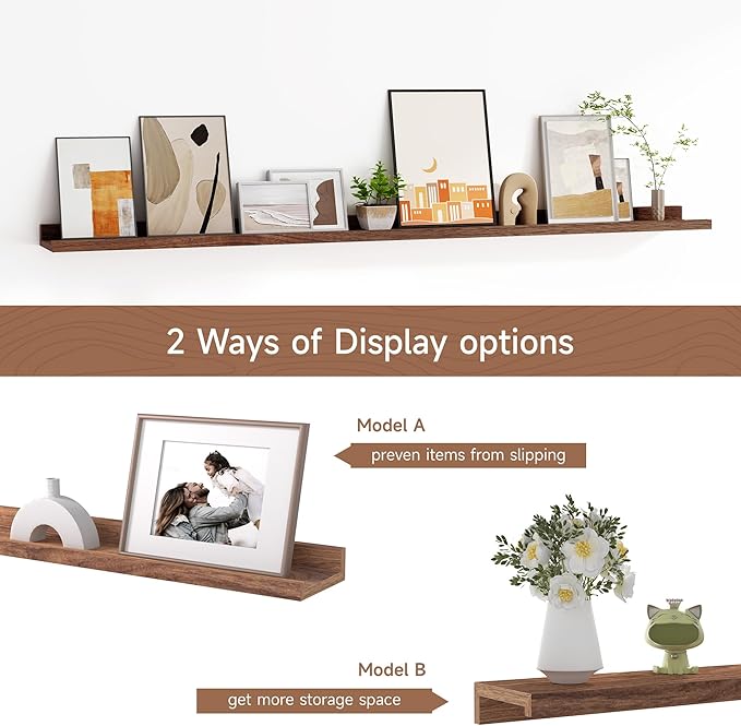 Floating Picture Ledge Shelves for Wall Set of 2, 55 Inches Picture Shelf with Ledge, Nursery Book Shelf for Toys Storage Kids Bookshelf Wall Mounted Living Room Bedroom Decor Frames, Walnut