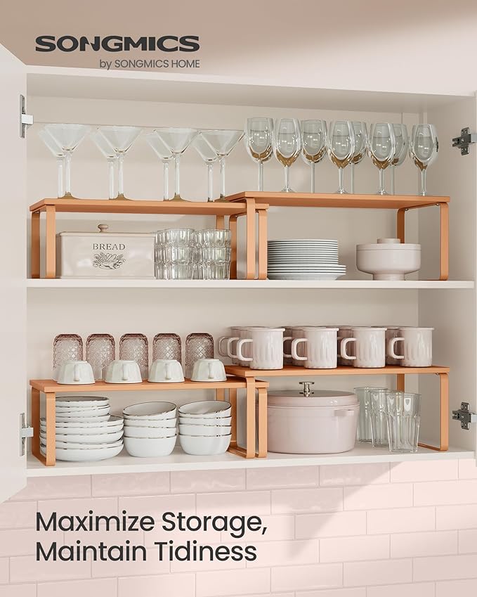 SONGMICS Cabinet Organizer Shelf, Set of 2 Kitchen Counter Shelves, Kitchen Storage, Spice Rack, Stackable, Expandable, Metal and Engineered Wood, Apricot UKCS200Y01