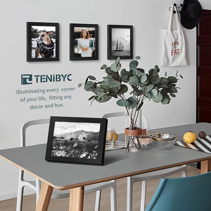 8x10 Picture Frame Set - 3 Pack, Textured Black Solid Wood, HD Tempered Glass, Gallery Photo Frame, Table or Wall Display