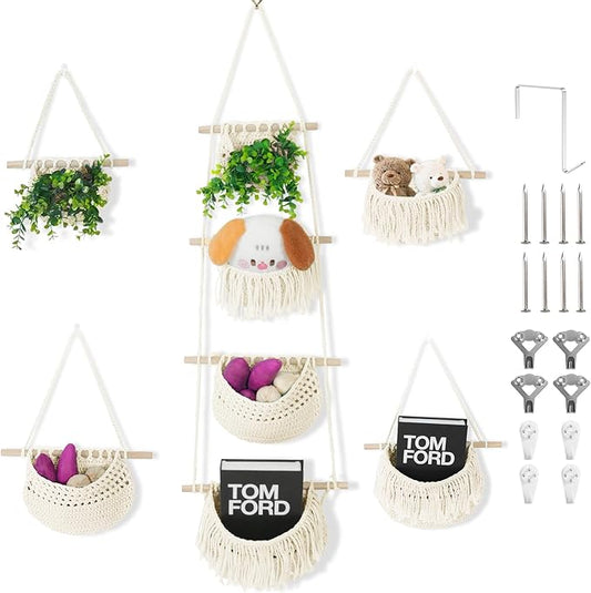 4 Tier Hanging Fruit Basket for Kitchen, Beige Boho Cotton Rope Crocheted Fruit Holder for Bathroom Bedroom, Detachable Wall Hanging Basket Shelves Over Door Organizer for Fruits Veggie Plant Decor