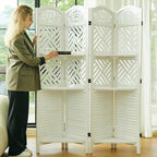 Room Divider with Shelves, 68.9inch Wood Carved and Louvered Wall Divider Freestanding, 4 Panels Folding Partition Screen for Bedroom Home Office (White)