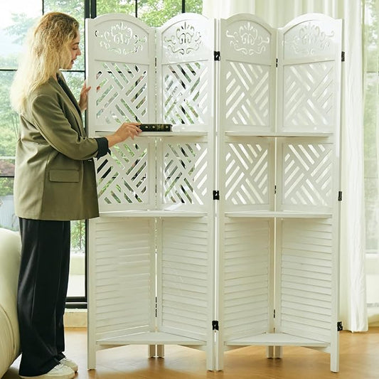 Room Divider with Shelves, 68.9inch Wood Carved and Louvered Wall Divider Freestanding, 4 Panels Folding Partition Screen for Bedroom Home Office (White)