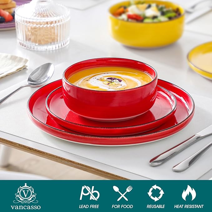 vancasso Bonita Stoneware Dinnerware Sets, 12 Pieces Dishes Set，Polished Round Plates and Bowls Set for 4, Dishwasher and Microwave Safe, Multicolor