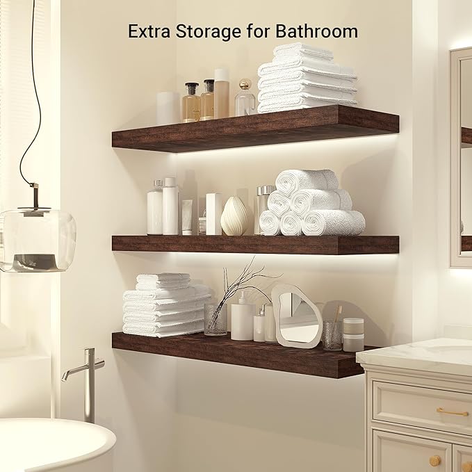 Heimlove 24 x 12 Inch Deep Floating Shelves Wall Mounted with Invisible Brackets,Storage Hanging Shelf for Wall Decor in Bathroom, Bedroom, Kitchen, Living Room, Office Set of 1 (Rustic Brown)