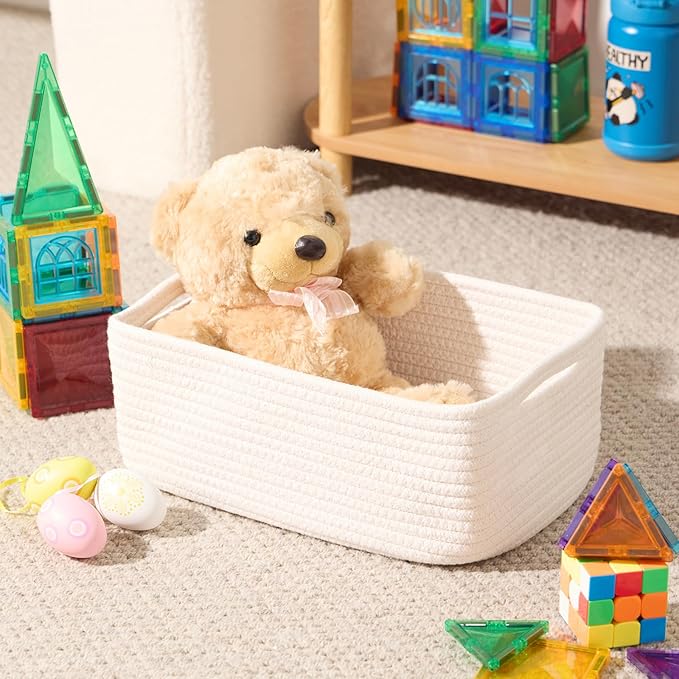 Small Storage Baskets for Organizing | Closet Organizer Bins | Shelf Toy Basket | Woven Rope Baskets | Cube Decorative Box | Shallow Basket | 13x8.5x5.1” | 3 Packs Off White