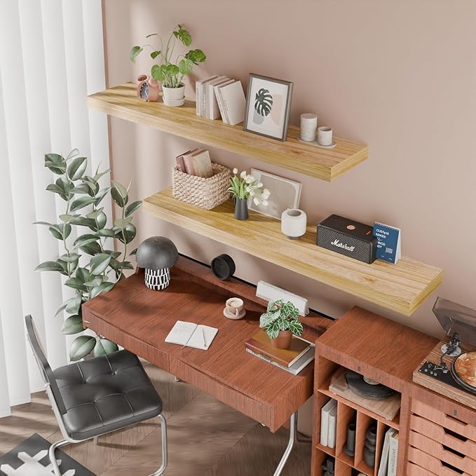 IAE Floating Wall Shelves 48 inch,Bathroom Shelves Wall Mounted,Invisible Shelves Floating Kitchen Shelves,Wooden Wall Shelves with Brackets for Living Room Wall Mounted,Easy Install,Set of 2,Natural