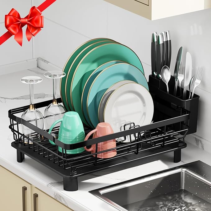 MOUKABAL Dish Drying Rack, Dish Rack, Stainless Steel Dish Racks for Kitchen Counter, Dish Drainer with Removable Utensil Holder, Drainboard (Black)