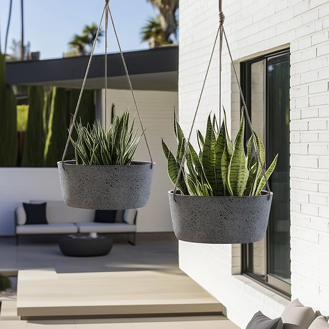 La Jolie Maison Large Hanging Planters - 12 Inch Outdoor Flower Pots, Rock Gray Hanging Garden Planters Set of 2