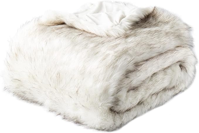 BATTILO HOME Luxury White Faux Fur Throw Blanket Long Pile with Black Tips, 51"x67", Super Warm Thick Faux Fur Blanket for Couch, Bed, Fuzzy Fluffy Elegant Cozy Blanket