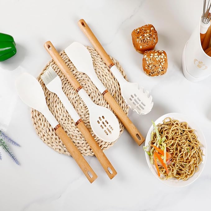 13-Piece silicone utensil set wood handle nonstick cookware safe dishwasher safe kitchen tools BPA free heat resistant (450°F/230°C) ceramic pan safe cooking gifts housewarming (White)