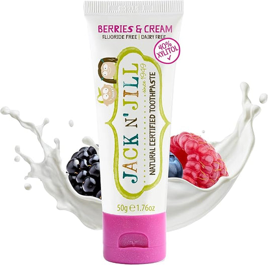 Jack N' Jill Natural Toothpaste for Baby and Infants - Fluoride Free Training Toothpaste, 40% Xylitol, BPA Free - Berries N' Cream, 1.76 oz (Pack of 1)