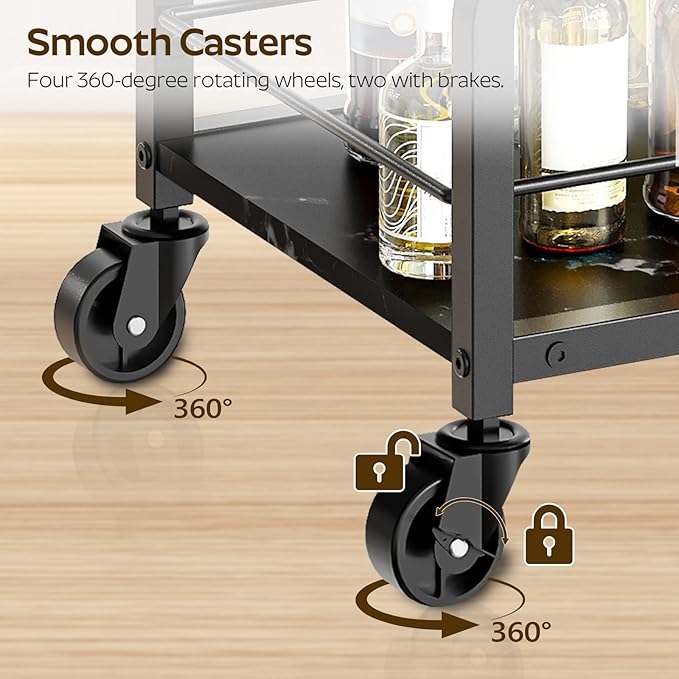 Bar Cart, Bar Cart for The Home, Small Bar Cart on Wheels, Beverage Cart, Home Bar Serving Cart with Glass Holder, Drink Cart for Bar, Kitchen, Dining, Marble Black and Black BC03BM