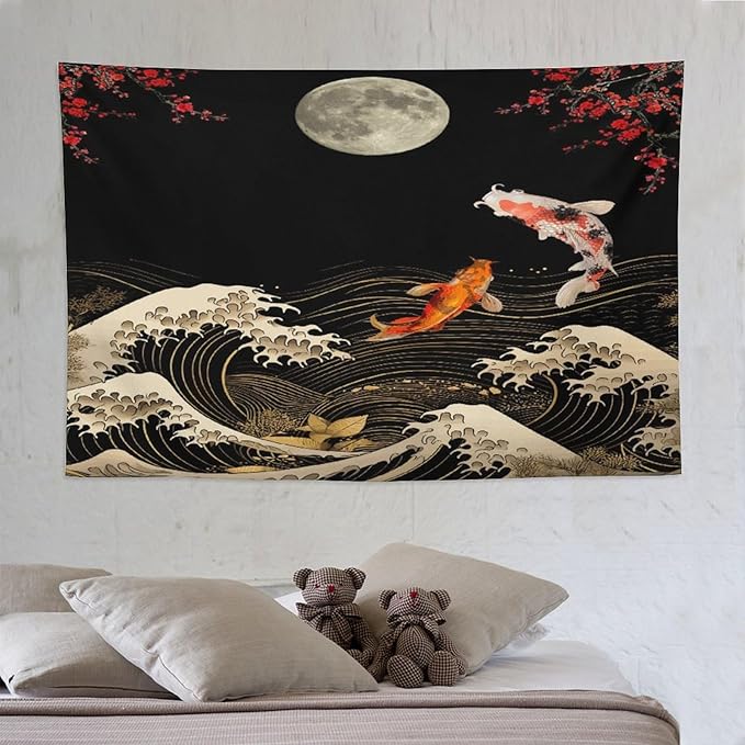 Houselerax Koi Fish Tapestry, Japanese Style Yin Yang Big Wave Cherry Blossom Tapestries Wall Hanging for Bedroom Living Room Office Decor 90"x60"